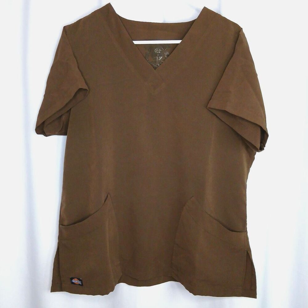 Dickies Short Sleeve Scrub Top V-Neck 2 Pocket Brown Scrubs Shirt Unisex Med